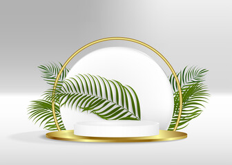Modern white with white and gold geometric podium with green palm leaf. Platform in shadow. Abstract white and gray minimal wall scene. Vector rendering 3d shape cosmetic product display presentation.