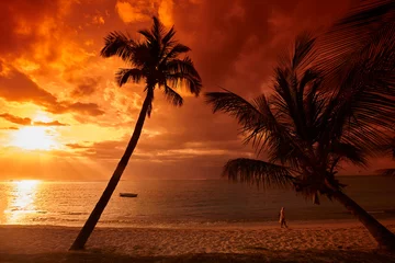 Papier Peint photo Le Morne, Maurice Red sunset in Le Morne Brabant, Mauritius