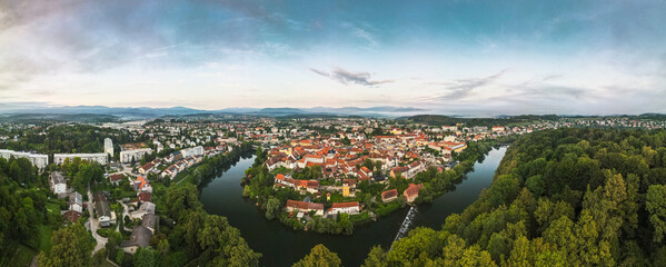 Panoramic View on Novo Mesto in Slovenia at River Krka