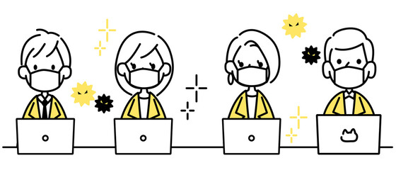 間隔をあけて仕事をする会社員のアイコンセット