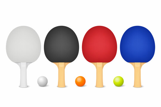 Vector 3d Realistic White, Black, Red, Blue Ping Pong Racket and White, Orange, Green Ball Icon Set Isolated on White. Sport Equipment for Table Tennis. Design Template. Stock Illustration