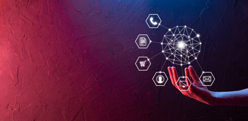 Business concept Close up of man using mobile smart phone and infographic icon of community technology digital.Concept of hi tech and big data. Toned image