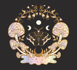 psychedelic, magic mushrooms moth, moon, bells flowers print, tattoo, psy art