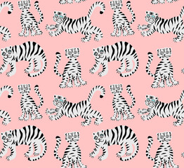 seamless pattern with cute tigers, white, black and pink colors