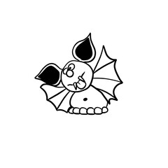 Simple illustration of a cute bat showing tongue, halloween celebration, black lines on white background