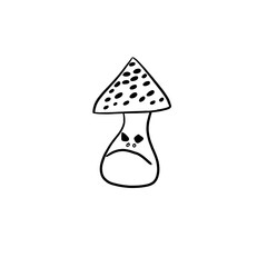 Simple illustration of a scary disgruntled mushroom, halloween celebration, black lines on a white background