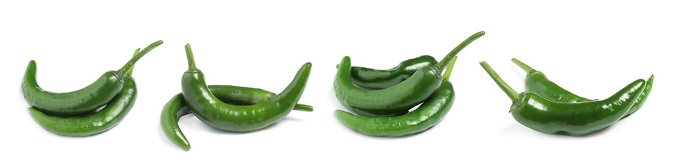 Set with green chili peppers on white background. Banner design