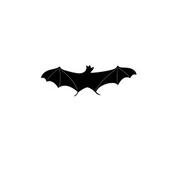 Simple illustration of a silhouette of a flying bat, halloween celebration, black lines on a white background