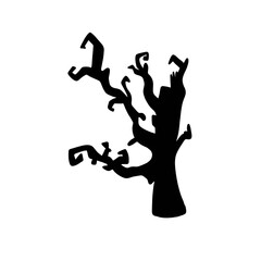 Simple illustration of a fairy tale mystical tree, halloween celebration, black lines on a white background