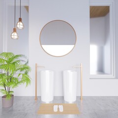 The bathroom is in a modern style. with a tall basin with a round mirror on the wall.3d rendering