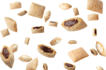 Sweet crispy corn pads flying on white background