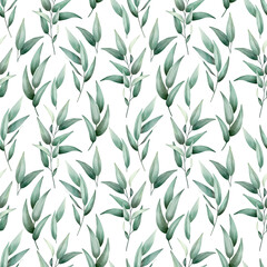 Green leaves watercolor seamless pattern