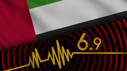 United Arap Emirates Wavy Fabric Flag, 6.9 Earthquake, Breaking News, Disaster Concept, 3D Illustration