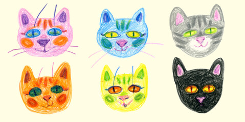 Set of cats drawn with wax crayons. For sketchbook, print, fabric, your design.