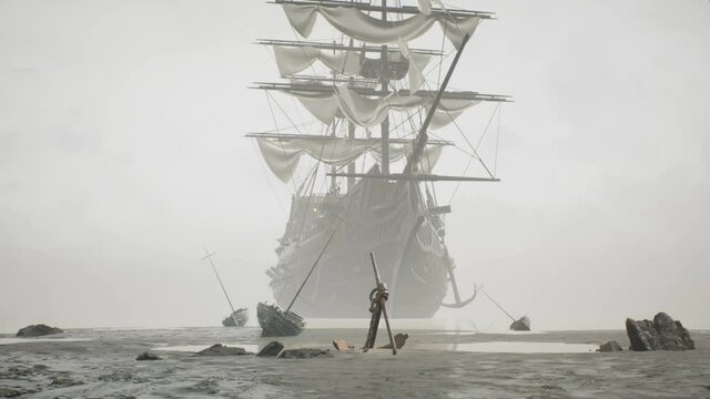 A medieval ship docked near a misty shore. The concept of maritime adventure in the Middle Ages. The animation is ideal for historical, educational, pirate and adventure backgrounds.