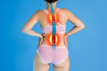 Hernia of the cervical spine, neck pain, woman suffering from ache on blue background, compression...
