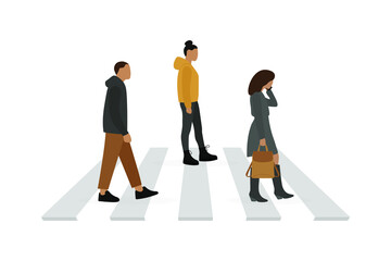 Fototapeta premium Male character and two female characters walking on a pedestrian crossing on a white background
