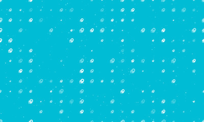 Seamless background pattern of evenly spaced white real estate location symbols of different sizes and opacity. Vector illustration on cyan background with stars