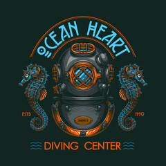 "Ocean heart. Diving center" - poster design. Colorful vector illustration in engraving technique of "Mark V" vintage diving helmet, sea horses and lettering. Isolated on black. 