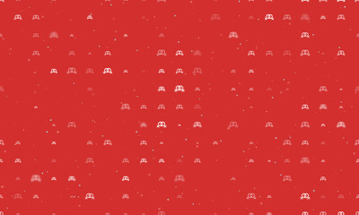 Seamless background pattern of evenly spaced white lesbian symbols of different sizes and opacity. Vector illustration on red background with stars