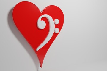 Red heart with the FA clef. Musical figure inside red heart. I love music. Heart with white background. 3d illustration