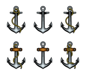 Anchors clip-art collection set. Vector illustration of classic retro nautical anchor in engraving technique. © Sergj