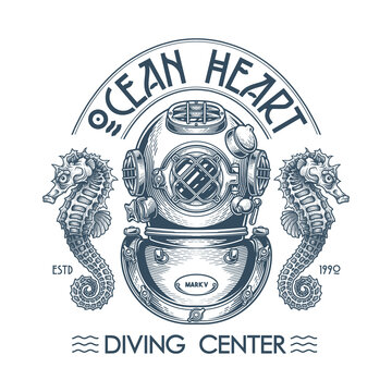 "Ocean heart. Diving center" - poster design. Vector illustration in engraving technique of "Mark V" vintage diving helmet, sea horses and lettering. Isolated on white. 