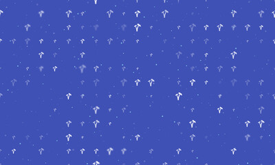 Seamless background pattern of evenly spaced white palm trees symbols of different sizes and opacity. Vector illustration on indigo background with stars
