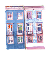 The facade of the building is drawn with markers and a liner. For cover, postcard, fabric.