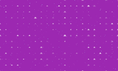 Seamless background pattern of evenly spaced white sunrise at sea symbols of different sizes and opacity. Vector illustration on purple background with stars