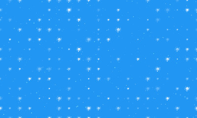 Seamless background pattern of evenly spaced white cosmic symbols of different sizes and opacity. Vector illustration on blue background with stars