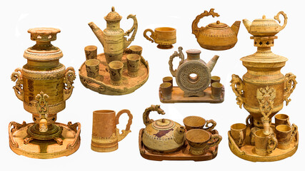 Dishes made of birch bark. Russian folk art. Collage