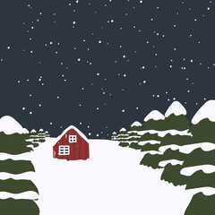 Fototapeta premium Cozy winter landscape in the forest with wooden house. Sky, stars, Christmas trees, snow vector illustration