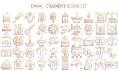 Diwali thin gradient icon set. Included icons as Deepavali celebrate, light festival, candle, lamp, Hindu celebration more. Used for modern concepts, web, UI or UX kit and applications, EPS 10.