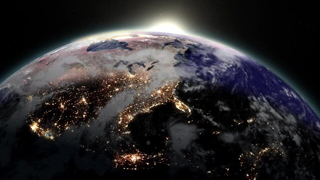 3d rendering of night to day planet earth sunrise view from space with sun showing up from the east spreading daylight over North America in universe concept