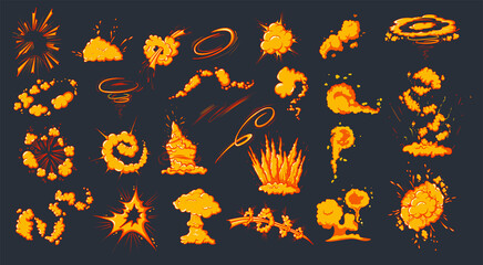 Fototapeta na wymiar Cartoon bomb explosion, clouds of explosive bombs, flaming . dynamite explosions, cloud comics about atomic bombs. Flame Silhouettes isolated set of vector illustrations