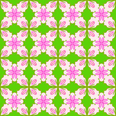 Full Frame Seamless Illustrated Pink Flower with Green Leaves Patterns