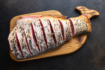 raw fish carp white fresh headless  freshwater fish seafood meal snack on the table copy space food...