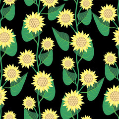 Vector - sunflowers with leaves seamless pattern.