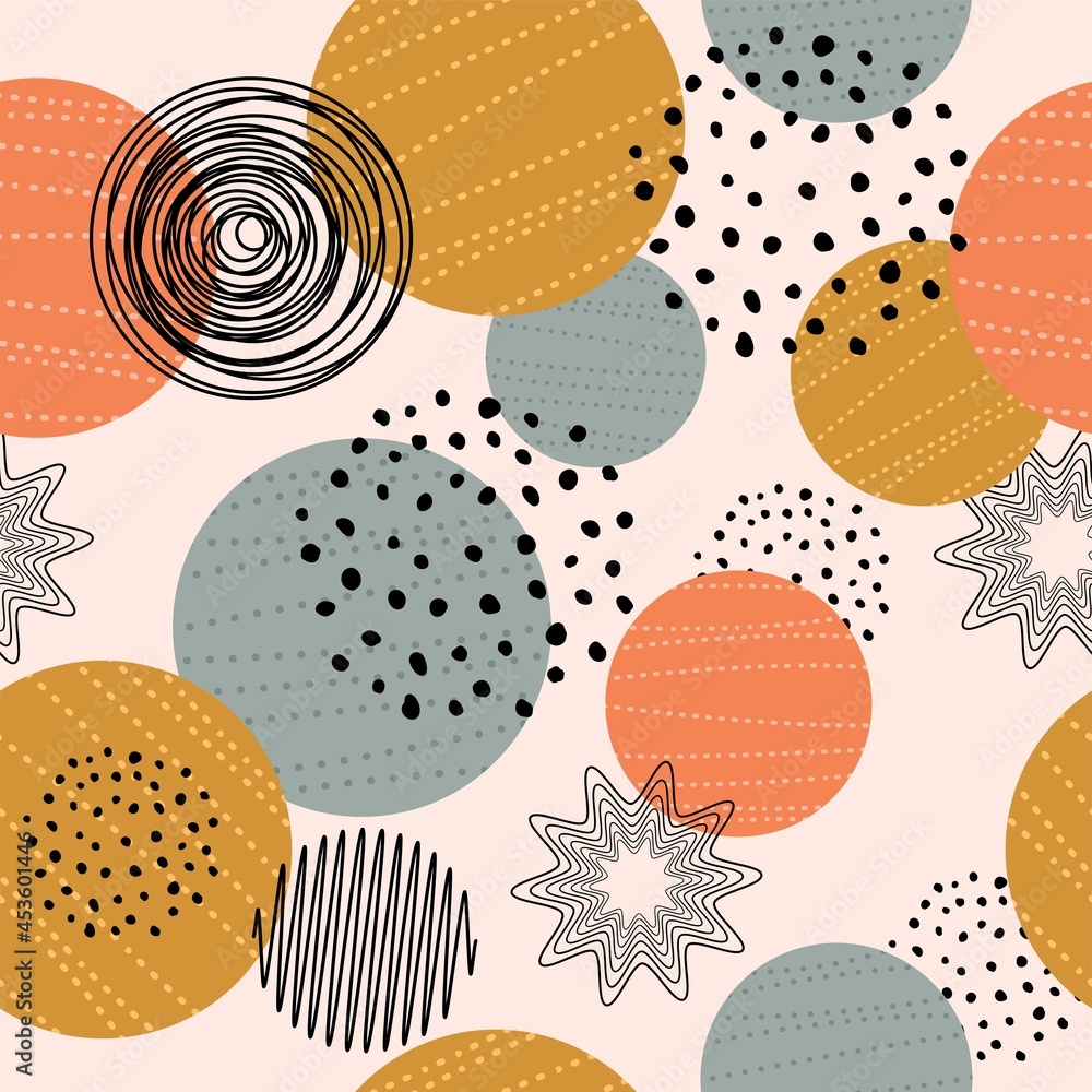 Poster vector seamless background pattern with abstract geometric elements, circles, dots and thin line sha