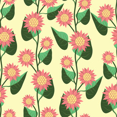 Vector - sunflowers with leaves seamless pattern.