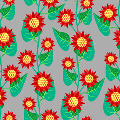 Vector - sunflowers with leaves seamless pattern.