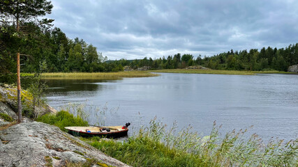 Fototapeta na wymiar Islands with forest and rocks on Lake Ladoga