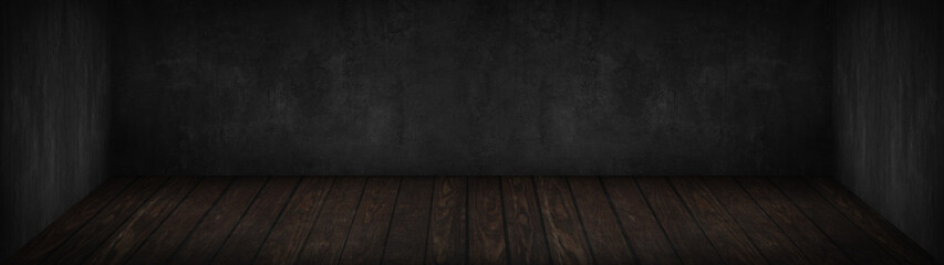 Dark black grey gray anthracite cement concrete stone wall and rustic wooden floor / empty  3D studio room , interior texture for display products, wall background banner panorama architecture