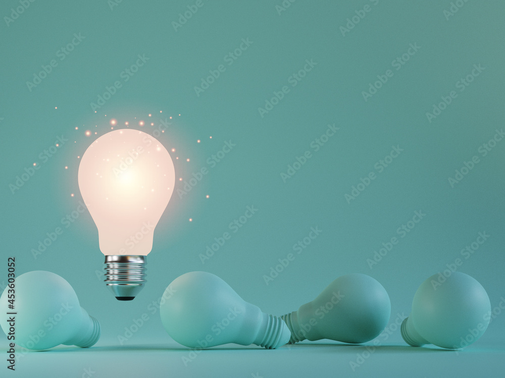 Fototapete One of Lightbulb glowing among shutdown light bulb  in dark area with copy space for creative thinking , problem solving solution and outstanding concept by 3d rendering technique.
