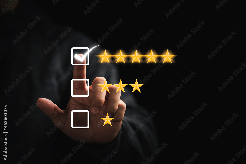 Poster businessman touching button to select five stars for the best excellent evaluation of customer satis