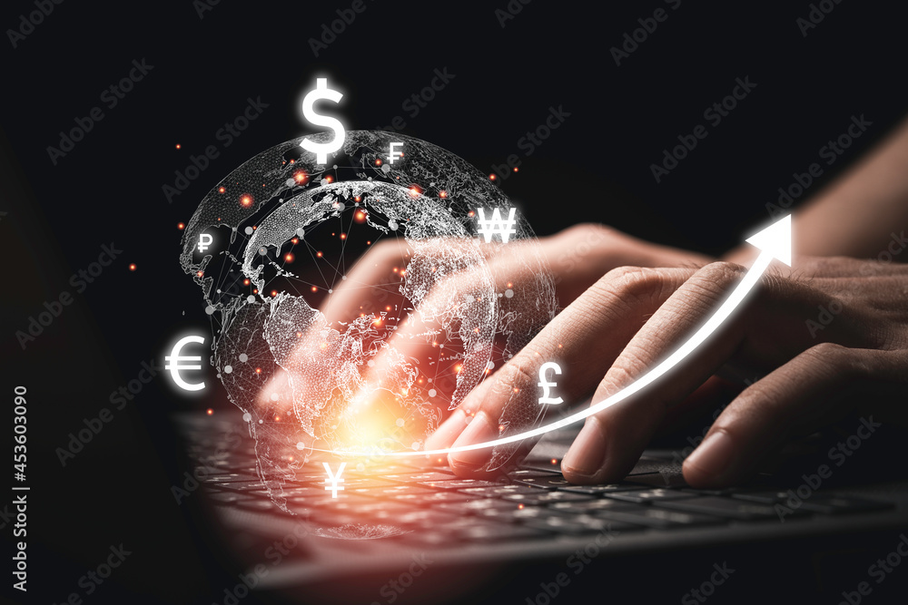 Poster businessman using computer laptop with virtual world with currency sign such as dollar yen yuan euro