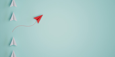 Red paper plane out of line with white paper to change disrupt and finding new normal way on blue background. Lift and business creativity new idea to discovery innovation technology. 3d render - obrazy, fototapety, plakaty