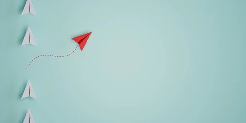 Fotobehang Red paper plane out of line with white paper to change disrupt and finding new normal way on blue background. Lift and business creativity new idea to discovery innovation technology. 3d render © Dilok