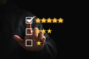 Businessman touching button to select five stars for the best excellent evaluation of customer satisfaction of product and service concept. - obrazy, fototapety, plakaty